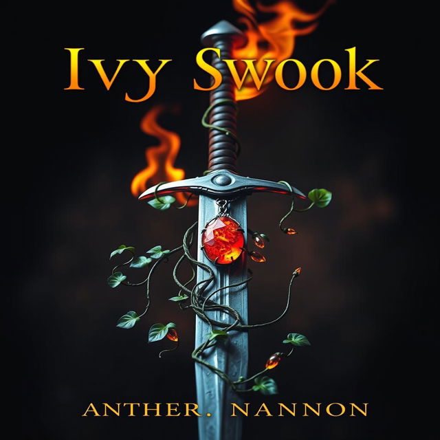 A captivating book cover that showcases a fierce sword with intricate Ivy vines wrapped around the blade, with the vines ablaze, creating a striking contrast with the metal