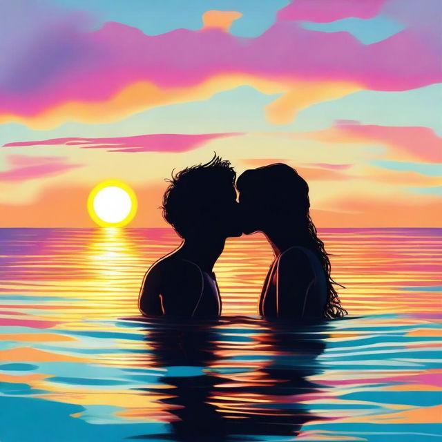 A high-quality digital art image depicting a teen couple sharing a romantic kiss in the sea