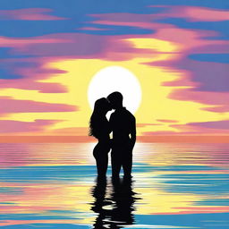 A high-quality digital art image depicting a teen couple sharing a romantic kiss in the sea