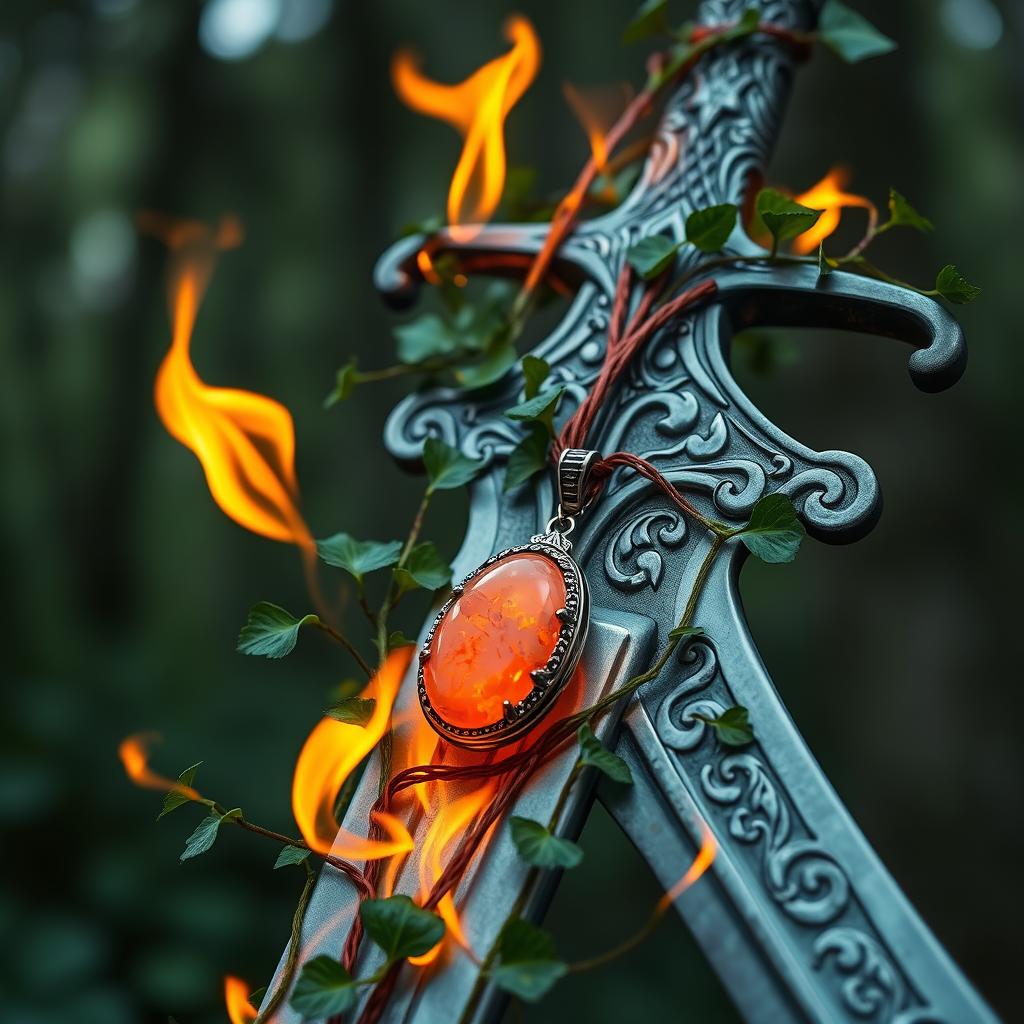 A beautifully crafted sword with intricate designs, its blade elegantly wrapped in lush green Ivy vines