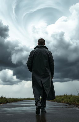 A man in a long raincoat viewed from behind, walking towards a dramatic approaching storm