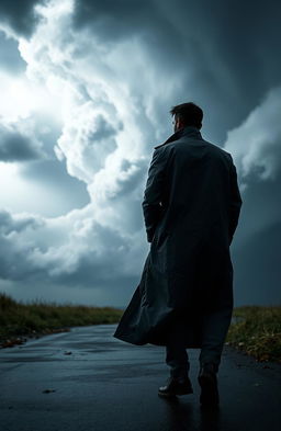 A man in a long raincoat viewed from behind, walking towards a dramatic approaching storm