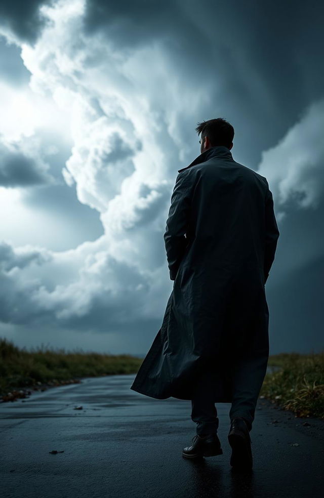 A man in a long raincoat viewed from behind, walking towards a dramatic approaching storm