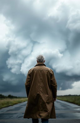 A man in a long raincoat viewed from behind, walking towards a dramatic approaching storm