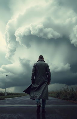 A man in a long raincoat viewed from behind, walking towards a dramatic approaching storm