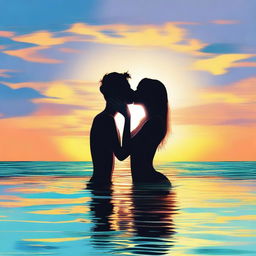 A high-quality digital art image depicting a teen couple sharing a romantic kiss in the sea