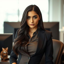 A young, attractive Spanish secretary gazing directly into the camera with a sultry expression, wearing a chic and form-fitting office outfit that highlights her figure