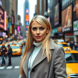A portrait of a single 34-year-old woman in New York City, characterized by her striking appearance with long, straight blond hair and wearing a fashionable outfit consisting of a stylish coat and chic accessories