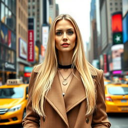 A portrait of a single 34-year-old woman in New York City, characterized by her striking appearance with long, straight blond hair and wearing a fashionable outfit consisting of a stylish coat and chic accessories