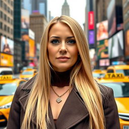 A portrait of a single 34-year-old woman in New York City, characterized by her striking appearance with long, straight blond hair and wearing a fashionable outfit consisting of a stylish coat and chic accessories