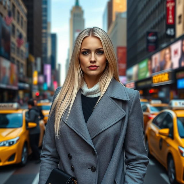 A portrait of a single 34-year-old woman in New York City, characterized by her striking appearance with long, straight blond hair and wearing a fashionable outfit consisting of a stylish coat and chic accessories