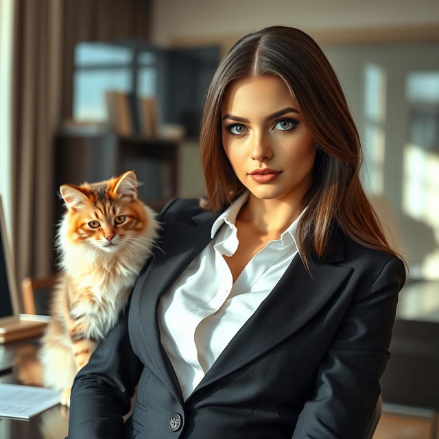 A young and attractive Ukrainian secretary with striking features, dressed in a stylish and professional outfit that perfectly accentuates her figure