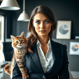 A young and attractive Ukrainian secretary with striking features, dressed in a stylish and professional outfit that perfectly accentuates her figure