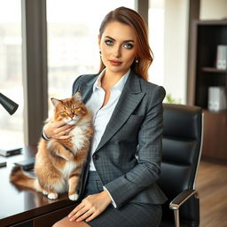 A young and attractive Ukrainian secretary with striking features, dressed in a stylish and professional outfit that perfectly accentuates her figure