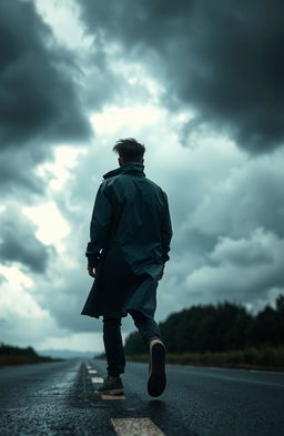 A solitary man wearing a raincoat strides confidently toward dark, stormy clouds gathering in the sky