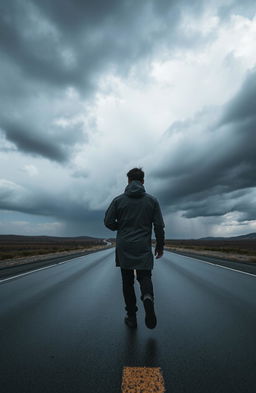 A solitary man wearing a raincoat strides confidently toward dark, stormy clouds gathering in the sky