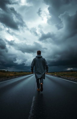 A solitary man wearing a raincoat strides confidently toward dark, stormy clouds gathering in the sky