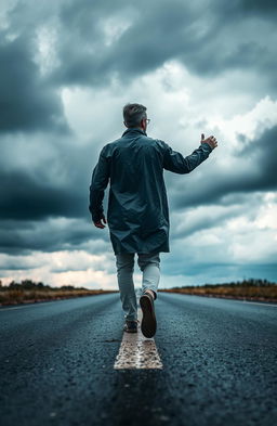 A solitary man wearing a raincoat strides confidently toward dark, stormy clouds gathering in the sky