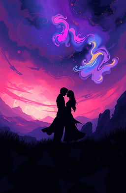 A beautifully illustrated fantasy romance scene inspired by 'Obsidian Shadows' by Olivia Jane, featuring a mystical landscape filled with abstract and colorful imagery