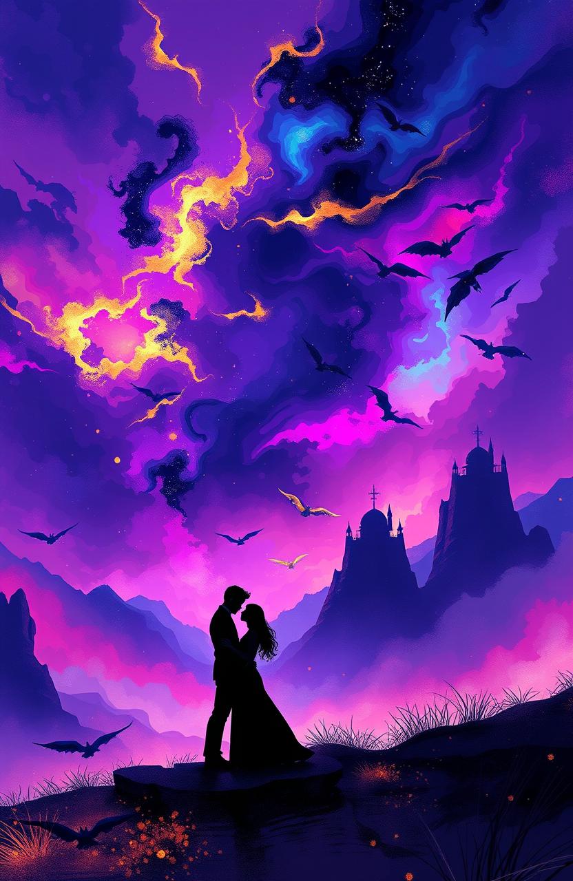 A beautifully illustrated fantasy romance scene inspired by 'Obsidian Shadows' by Olivia Jane, featuring a mystical landscape filled with abstract and colorful imagery