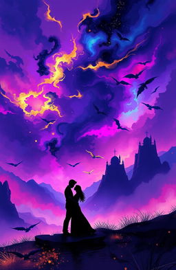 A beautifully illustrated fantasy romance scene inspired by 'Obsidian Shadows' by Olivia Jane, featuring a mystical landscape filled with abstract and colorful imagery