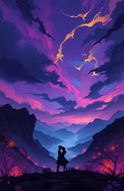 A beautifully illustrated fantasy romance scene inspired by 'Obsidian Shadows' by Olivia Jane, featuring a mystical landscape filled with abstract and colorful imagery