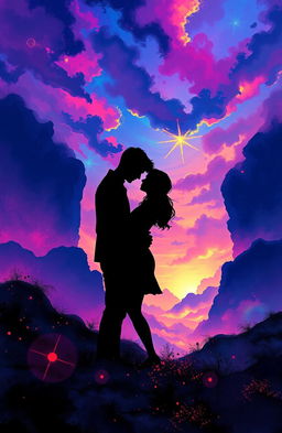 A beautifully illustrated fantasy romance scene inspired by 'Obsidian Shadows' by Olivia Jane, featuring a mystical landscape filled with abstract and colorful imagery