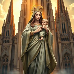 A majestic depiction of Our Lady Maria, styled as the Greek Goddess of Thunder, standing in front of a grand cathedral basilica