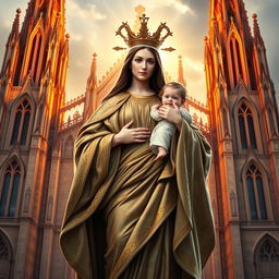 A majestic depiction of Our Lady Maria, styled as the Greek Goddess of Thunder, standing in front of a grand cathedral basilica