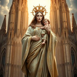 A majestic depiction of Our Lady Maria, styled as the Greek Goddess of Thunder, standing in front of a grand cathedral basilica