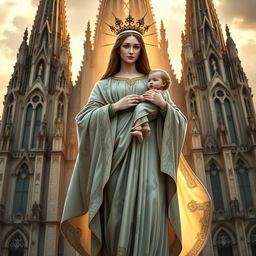 A majestic depiction of Our Lady Maria, styled as the Greek Goddess of Thunder, standing in front of a grand cathedral basilica