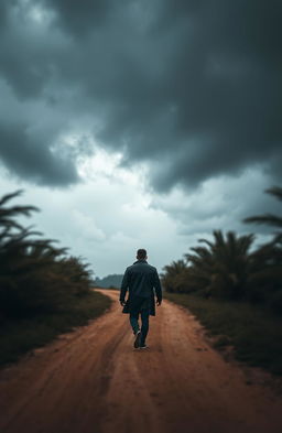 A solitary man wearing a sleek, dark raincoat walks purposefully towards ominous, dark stormy clouds gathering overhead