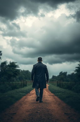 A solitary man wearing a sleek, dark raincoat walks purposefully towards ominous, dark stormy clouds gathering overhead