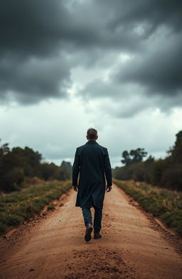 A solitary man wearing a sleek, dark raincoat walks purposefully towards ominous, dark stormy clouds gathering overhead