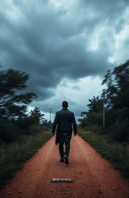 A solitary man wearing a sleek, dark raincoat walks purposefully towards ominous, dark stormy clouds gathering overhead