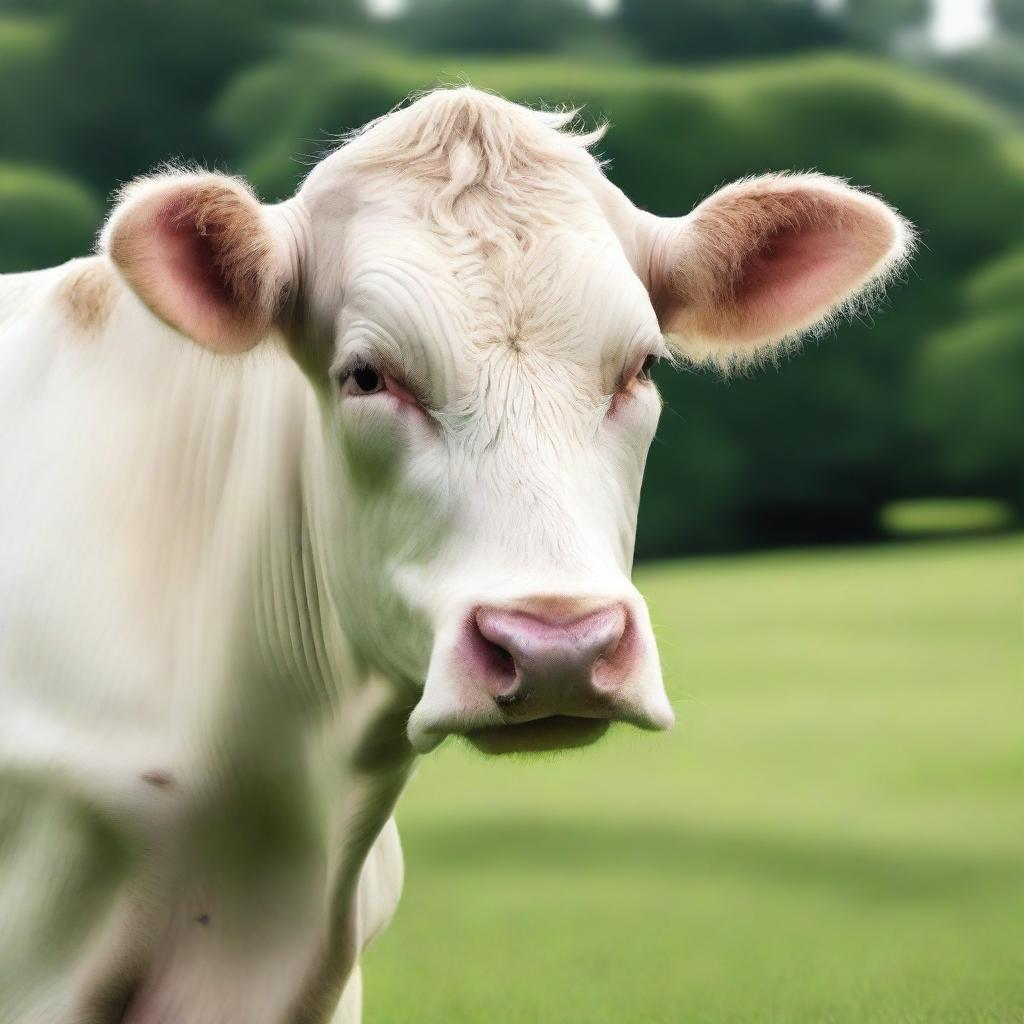 This is a high-quality photograph of a white cow standing in a lush green pasture