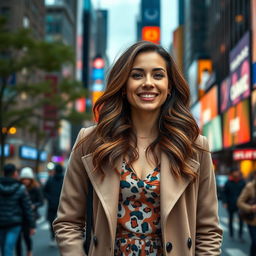 A solo 34-year-old woman in New York City, featuring a distinct appearance with long, wavy brown hair and wearing a trendy outfit that includes a stylish coat over a fashionable dress