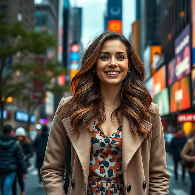 A solo 34-year-old woman in New York City, featuring a distinct appearance with long, wavy brown hair and wearing a trendy outfit that includes a stylish coat over a fashionable dress