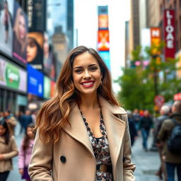 A solo 34-year-old woman in New York City, featuring a distinct appearance with long, wavy brown hair and wearing a trendy outfit that includes a stylish coat over a fashionable dress