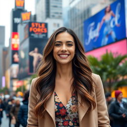 A solo 34-year-old woman in New York City, featuring a distinct appearance with long, wavy brown hair and wearing a trendy outfit that includes a stylish coat over a fashionable dress