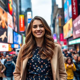 A solo 34-year-old woman in New York City, featuring a distinct appearance with long, wavy brown hair and wearing a trendy outfit that includes a stylish coat over a fashionable dress