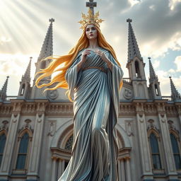 A majestic figure representing Our Lady Maria, depicted as the Greek Goddess of Thunder, stands gracefully in front of the grand Cathedral Basilica