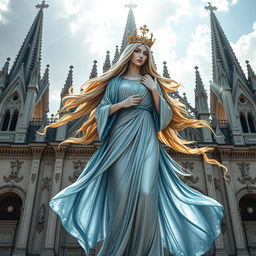 A majestic figure representing Our Lady Maria, depicted as the Greek Goddess of Thunder, stands gracefully in front of the grand Cathedral Basilica