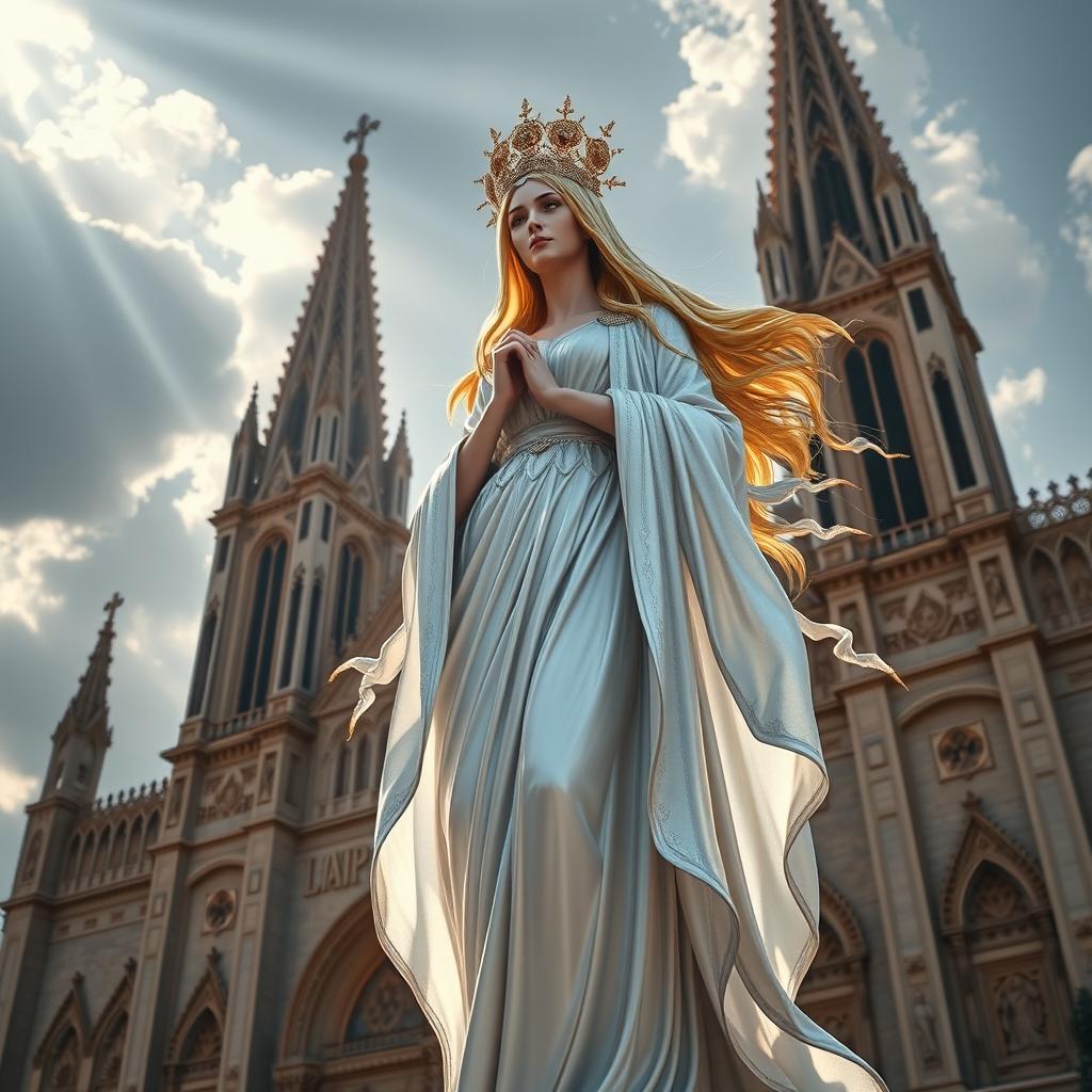 A majestic figure representing Our Lady Maria, depicted as the Greek Goddess of Thunder, stands gracefully in front of the grand Cathedral Basilica
