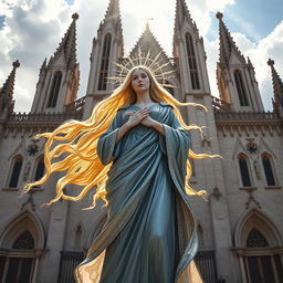 A majestic figure representing Our Lady Maria, depicted as the Greek Goddess of Thunder, stands gracefully in front of the grand Cathedral Basilica