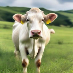 This is a high-quality photograph of a white cow standing in a lush green pasture