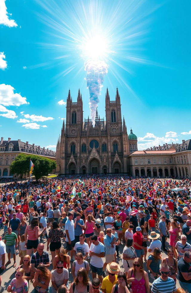 A bustling large town square filled with hundreds of people wearing colorful summer clothes, enjoying the sunny day