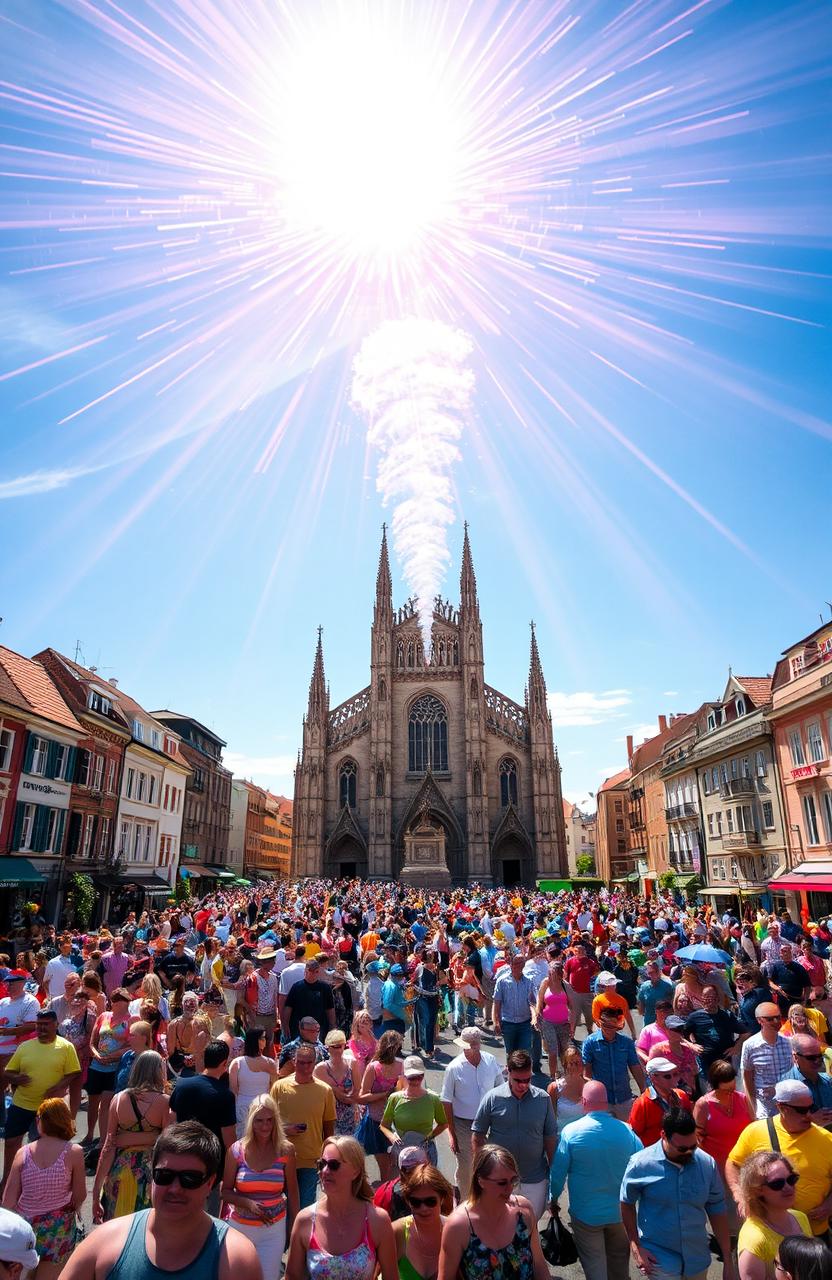 A bustling large town square filled with hundreds of people wearing colorful summer clothes, enjoying the sunny day