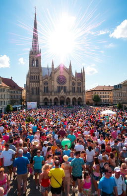 A bustling large town square filled with hundreds of people wearing colorful summer clothes, enjoying the sunny day