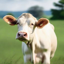 This is a high-quality photograph of a white cow standing in a lush green pasture